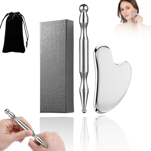 2in1 Edelstahl Gua Sha Stein und Akupressurstift Set, Akupunkturstift Set zur Lymphdrainage, Anti-Falten & anti-aging,lindert Muskelverspannungen, augenroller mit zwei Enden für Augenmassage.