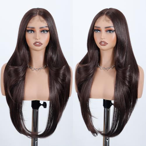 Style Icon Easy-360 Lace Wigs 28 inch Dark Brown Free Part Lace Frontal Wigs 13x4 HD Glueless Straight Layered Lace Front Wig for Women Synthetic Wig