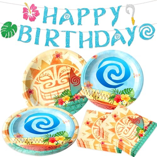 assiettes de fete serviettes banderole anniversaire decorations accessoires theme tropical luau fete hawaiienne estivale