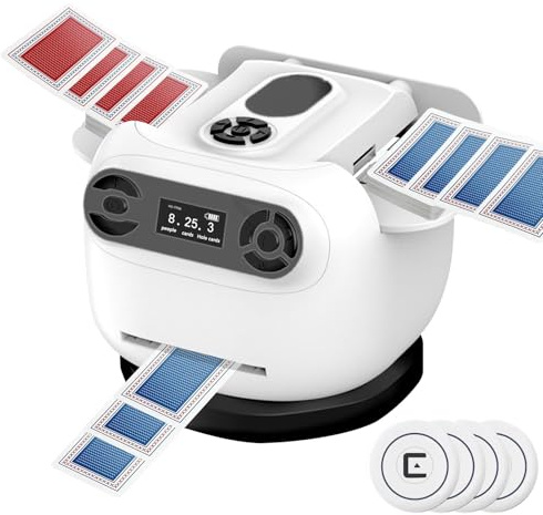 2-in-1 Automatischer Kartenmischer und Austeiler, 1–2 Decks, 4 kabellose Fernbedienungen, für 8 Spieler, 90°/180°/360° Kartenausgabe, für Poker, Blackjack, UNO, Phase 10, Rummy & Gesellschaftsspiele