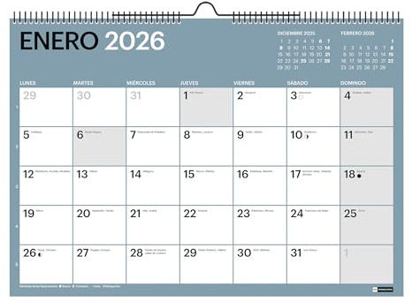 Miquelrius - Calendario 2026 de pared Chromat, Organizador anual A3: 420 x 296 mm, Espacio para anotar, Encuadernación espiral doble, 9 colores interiores, Planificador 12 meses, Español