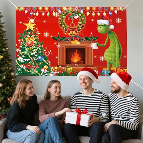 FairyPeach Sfondo di Natale Grinch, Accessori di Scena Natalizi per Foto, Carta da Parati Natalizia, Poster da Parete Natalizio, Pad Sfondo Decorativo di Natale Decorativo (Rosso)
