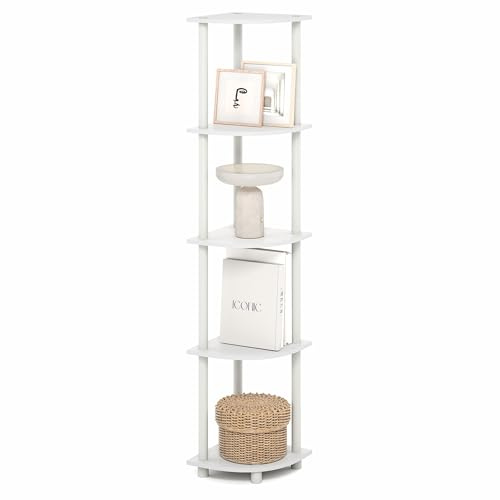 Furinno TURN-N-TUBE Corner Shelf, 5-Tier Corner Bookshelf, Open Storage Shelves, for Organization and Storage, Living Room, Home Office, Garage, Bedroom, Plain White