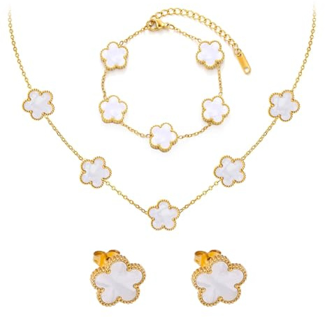 18k Vierblättriges Kleeblatt Schmuckset ,Damen Vergoldet Vierblättriges | MäDchen Kleeblatt Armband Halskette Ohrringe Armband ,Schmuck Set für Muttertags,Valentinstag