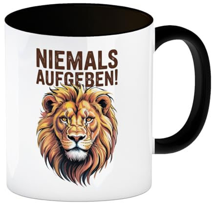 speecheese Kaffeebecher in schwarz Löwenkopf Niemals aufgeben Motivation | für Motivation Motivationsbecher mit inspirierendem Spruch