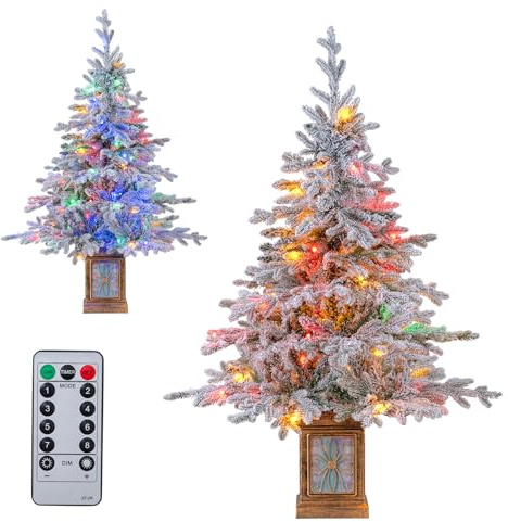 LIFEZEAL 120 cm Künstlicher Weihnachtsbaum, Christmas Tree mit 100 LED-Lichtern, Tannenbaum im Topf mit Fernbedienung & Modi Timer, Schneebedeckter Topfbaum für Eingang Haus Büro (Grün & Weiß)