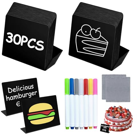 30 Stück Kreidetafel Aufsteller,Preisschilder Aufsteller mit 7 Kreidemarker, 100x75mm L-Form Kleine Tafeln zum Beschriften, Praktisches Zubehör für Buffet Schilder Hochzeit Party Tischkarten Bäckerei