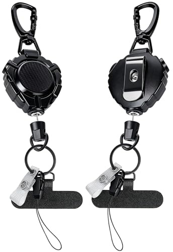 Ogetok 2 Pack Retractable Keychain, Anti-theft Phone Lanyard Cell Phone Tether Tabs, Heavy Duty Carabiner Badge Reel with Metal Back Clip, Tactical ID Card Holder with 31.8'' Steel Cord, Key Ring
