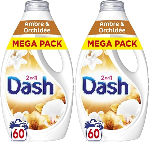Dash 2en1 Lessive Liquide Ambre & Orchidée, 60 Lavages, 3 Semaines de Fraîcheur, Avec Lenor, Notes de Vanille et d'Ambre, Nettoyage en Profondeur, Marque Française Traditionnelle, Fabriquée à Amiens