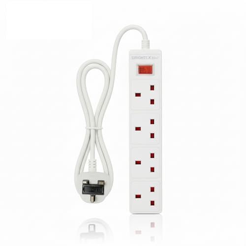 Heavy Duty 4 Gang Extension Lead 3m – UK Plug Power Strip with Child Safety Shutters, Wall Mountable Multi Socket Mains Extension Cable with Light Indicator for Home, Office & Kitchen – White