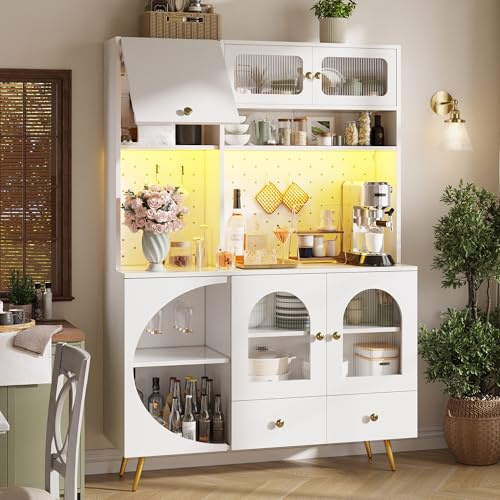 Ktipm Aparador Cocina Alto Armario Cocina con Enchufe y LED, Alacena de Cocina con Puerta Vidrio y Placa Orificio, Mueble Aparador con Portavaso y Cajón, Dispositivo Antivuelco, 120x40x176 cm, Blanco