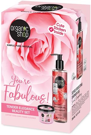Organic Shop You're Fabulous Tender Elegance Beauty Gift Set. Featuring Full Size Shower Gel & Mini Body Scrub. With Cute Stickers. Vegan Friendly. Cruelty Free. Clean Hub Verified. 2pcs.