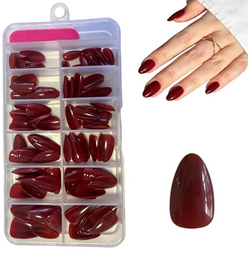 Press on Nails, SanFangyue 120pcs Wine Red Almond False Nails Short, Cherry Wine Stick on Nails Fake Nails Set, French Tip Nail for Women