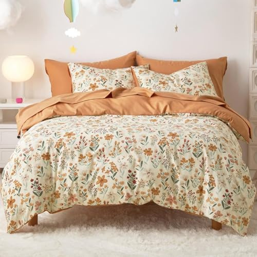 Freyamy Blumen Bettwäsche 135x200cm 2tlg Creme Orange Bettwäsche-Set | Mikrofaser Bettwäsche Bunt Floral Design Bettwaren-Sets 1 Bettbezug mit Reißverschluss und 1 Kissenbezüge 80x80cm