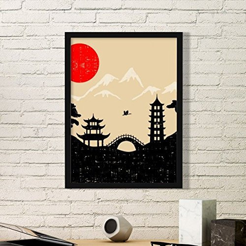 DIYthinker Japon Temple Blanc Rouge Jaune Tower Bridge Architecture Pine Fuji Soleil Silhouette Point de repère Art Illustration Motif Simple Cadre pho Medium Noir