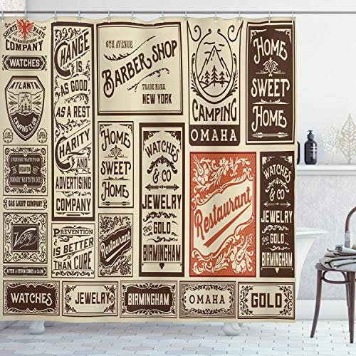 ABAKUHAUS Antiquität Duschvorhang, Pack Alte Werbung, Stoffliches Gewebe Badezimmerdekorationsset mit Haken, 175 x 180 cm, Creme Braun Orange