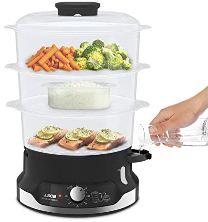 Seb Ultracompact Cuiseur vapeur, Cuisson saine, 9 L, 800 W, 3 bols empilables, Bac à riz et céréales, Minuteur 60 min, Arrêt automatique, Niveau d'eau visible, Facile à ranger VC204800