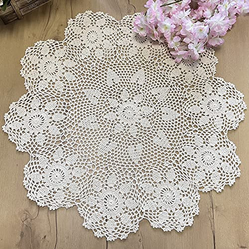 Phantomon Handgefertigte, gehäkelte Tischsets, runde gestrickte Tischdecke mit Sonnenblumen-Muster, 100% Baumwolle (Beige, 61 cm)