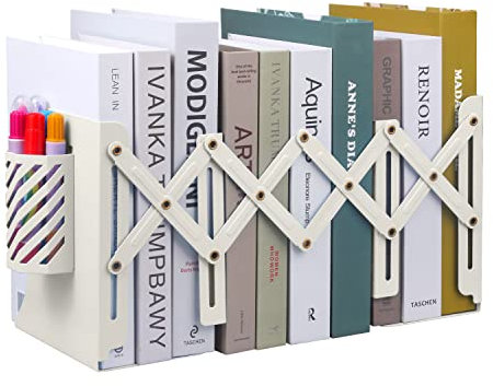 MSDADA Serre-Livres réglable Extensible en métal pour Enfants - Porte-Livres antidérapant avec Porte-Stylo Amovible pour Cuisine, Bureau, école, bibliothèque (Blanc Droit)