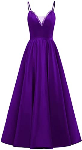 Vestido de noche para mujer, cuello en V, satén con diamantes de imitación, elegante, tirantes finos, vestido de dama de honor, morado, 38