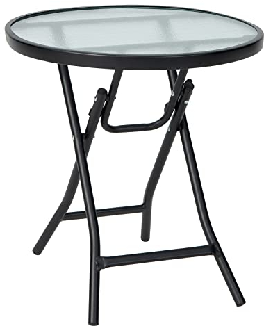 LIFEZEAL Klapptisch Glas, klappbar Bistrotisch Balkontisch mit Stahlrahmen, Esstisch Terrassentisch mit gehärtetes Glasplatte, Gartentisch für Innen & Draußen (Rund)