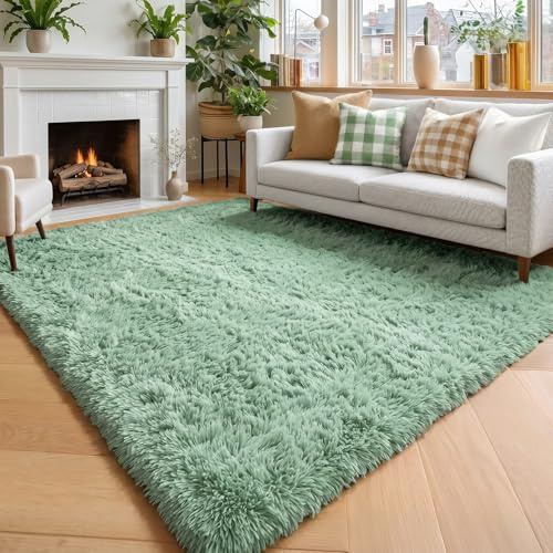 Amdrebio Flauschiger Wohnzimmerteppich, 12,7 x 20,3 cm, Salbeigrün für Schlafzimmer, Zottel-Kinderzimmer, Dekoration, Flauschiger Teppich, Kinderzimmer, Plüschspiel, weich, zottelig