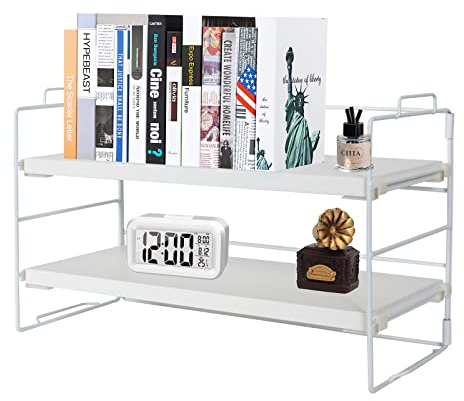 powerking Schreibtisch Regal Organizer, 2-Tier Desktop Regale, justierbare Bücherregal Speicher Rack und Büro Cubicle Dekor für Tischplatte, Schule, Büro (White Teak Wood, 2 Ablagefächer)
