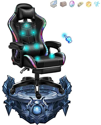 Videospielstühle LED-Leuchten Rennsessel mit Lautsprechern Bluetooth Büroliegestuhl Ergonomischer verstellbarer Computerstuhl für Kinder,Schwarz