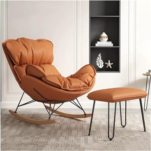 TANZEM Freizeit-Schaukelstuhl- und Fußhocker-Set, Freizeit-Sofa-Schaukelstuhl, Glider-Rocker mit hoher Rückenlehne, Sessel mit Ottomane für Wohnzimmer, Rocker-Liegestühle aus Mikrofaser-Leder
