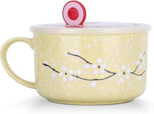 Biigming Bols à Céréales Grande Tasse en Céramique avec Couvercle 800ml Mug Motif Fleurs de Cerisier Flocons de Neige Pour Petit-déjeuner Nouilles Salades Céréales (Jaune)