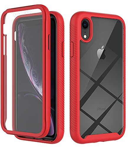 Knoowcase compatible with iPhone XR Case Built-in Screen Protector iPhone XR Phone Case Shockproof Full Body Protection Rubber Bumper Stylish Clear Rugged Back Shell Case, Red