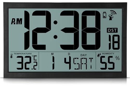 Sukeen LCD Radio Controlled Wall Clock - Large Digital Battery Operated, 16.7 Desk Atomic Clock With Temperature, Humidity, Date, Day, DST for Home Office School (MSF, UK Version)