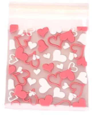 Heble® - - 100x Beutetüten - 7x7cm - Leckerli-Geschenktüten aus Zellophan-Kunststoff - Herzen rosa/weiß - Süßigkeitentüten - Zellophan