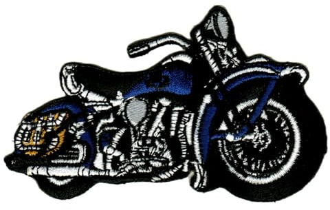 Motorrad Blau Bobber Aufnäher zum aufbügeln oder aufnähen Bügelbild Aufbügler für Kleidung gestickter Bügelpatch Applikation Biker Kutte Patch Größe 9,5 x 5,6 cm