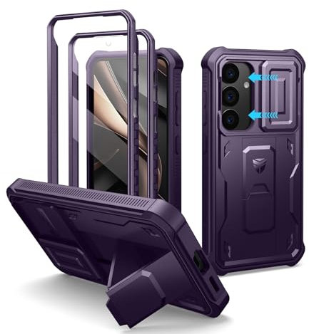 Dexnor pour Coque Samsung Galaxy S25【Double Cadre Avant et Support】 avec CaméRa Coulissante Intégrée & Protecteur d'écran, Coque de Protection Robuste Résistante Aux Chocs - Fantôme Violet