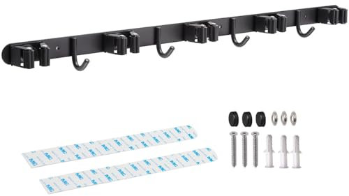 Stahlia Besenhalterung Wand Edelstahl Gerätehalter 4 Haken + 5 Halter Schwarz-matt schraubbar & selbstklebend Wandhalterung Besen Werkzeug Gartengerätehalter