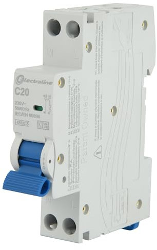 Electraline 87003 Interruttore magnetotermico 20A, curva C (protezione ottimale contro sovracorrenti e cortocircuiti), 1P+N, 4,5kA, 240V, certificati CE, KEMA-KEUR, e UKCA