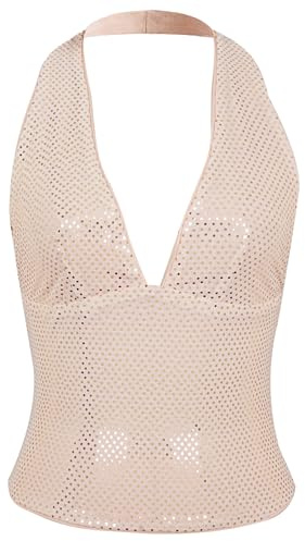 Maeau - Camiseta Mujer de Lentejuelas Y2K Sin Espalda Top Sin Mangas Cuello Halter para Club S Color champán