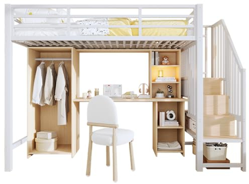 SOFTWEARY Hochbett mit Schreibtisch, Bücherregal, Kleiderschrank und Rausfallschutz, Treppe mit Regal, Kinderbett, Metallbett (weiß, 90x200 cm)