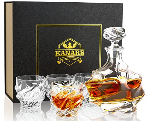 KANARS Whiskey Decanter Set - 25 Oz Crystal Liquor Decanter Carafe with 4 Rock Glasses 9 Oz For Bourbon, Scotch, Vodka, Rum or Whisky - Gift for Men Dad Husband Brother Adult Groomsmen - 5 Piece