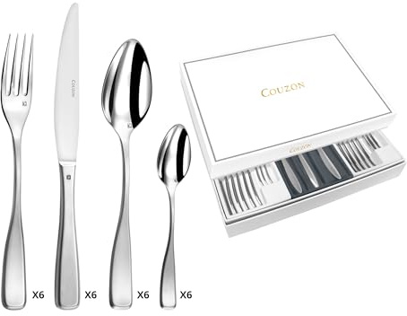 COUZON - Ménagère 24 couverts de table en coffret pour 6 personnes - Millenium - Acier inoxydable 18/10, Finition Satinée, Epaisseur 3.5 mm - Inox