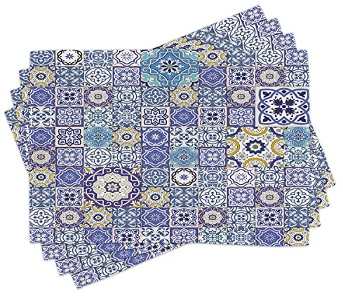 ABAKUHAUS Blau Platzmatten, Reiche Sammlung von Alten marokkanischen Fliesen Patchwork Style Pattern Oriental Arabesque, Waschbare Stoff Esszimmer Küche Tischdekorations Digitaldruck, Blau Grau