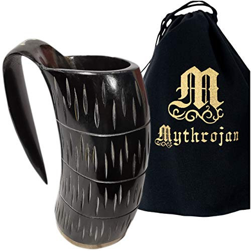 Mythrojan Boccale Vichingo in Corno Naturale 800ml con Fibbia Medievale | Finitura Lucida e Rivestimento in Pelle | Ideale per Birra, Idromele, LARP, Rievocazione Storica, Regalo Uomo