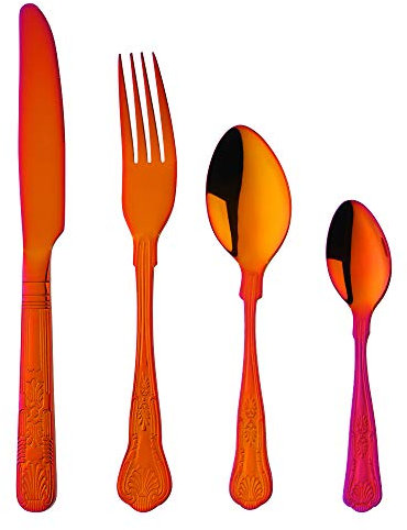 Buyer Star - Set di posate in acciaio inox, 16 pezzi, set di posate da tavola, coltelli forchette cucchiaini servizio per 4, colore rosso arcobaleno e smalto a specchio