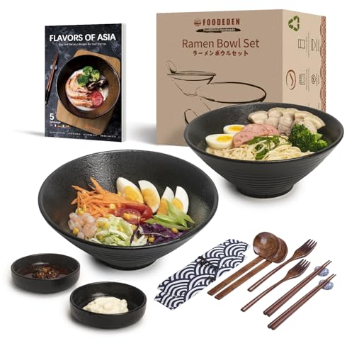 Ramen Bowl Set of 2, 1800ml Japanese Ceramic Noodle Bowl with Chopsticks, Spoons, Forks&Sauce Dishes, Large Deep Ramen Kit for Soup, Pho, Udon, Pasta, Curry, Cereal, Fruits&Salad, Housewarming Gift