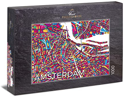 Ulmer Puzzleschmiede - Puzzle „Road Map Amsterdam“ - Innovatives 1000 Teile Städte-Puzzle - Bunter Stadtplan von Amsterdam als farbenfrohes Puzzle für Fans von Holland, Amsterdam und Puzzle-Neuheiten