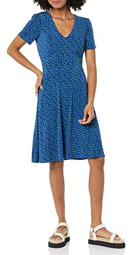 Amazon Essentials Women's Short-Sleeve V-Neck Gathered Fit and Flare Dress, Bright Blue Floral, M