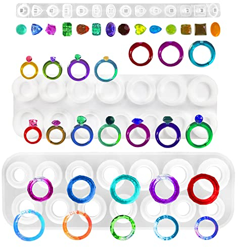 SENHAI Epoxidharz-Ringform, Silikon-Ringformen, Diamant-Schmuckform mit rundem und rautenförmigem Gesicht, verschiedene Größen, Ringschmuck, Harzgussform für Anhänger und Bastelarbeiten, Weiß, 3 Stück