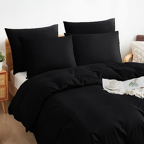 Bettwäsche 155x220cm 100% Baumwolle Bettbezug -Atmungsaktive Bettwäsche Sets, Bettwäsche mit Reißverschluss+1 Kissenbezug 80x80 cm - Schwarz
