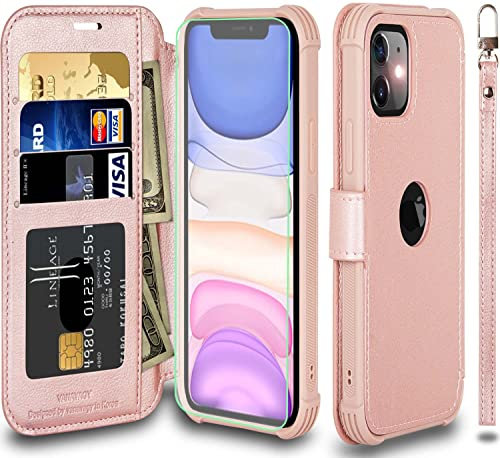 VANAVAGY Compatible for iPhone 11, Leather Flip Folio Shockproof Phone Cover [Screen Protector Included][Support Wireless Charging]with RFID Blocking Card Holder for iPhone 11, Rose gold